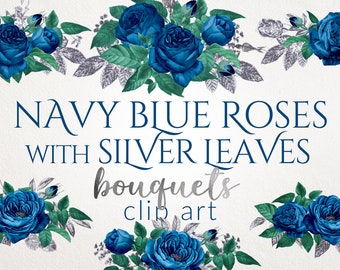 16 PNG, Navy Blue Roses Bouquets with Silver Leaves, Blue and Silver Floral Clipart, Clip Art, Design elements, Instant download, Blue Roses