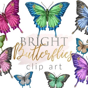 May include: A set of ten digital clip art images of colorful butterflies with glitter accents. The butterflies are in various poses and have different wing patterns. The text "BRIGHT Butterflies clip art" is written in gold glitter letters.