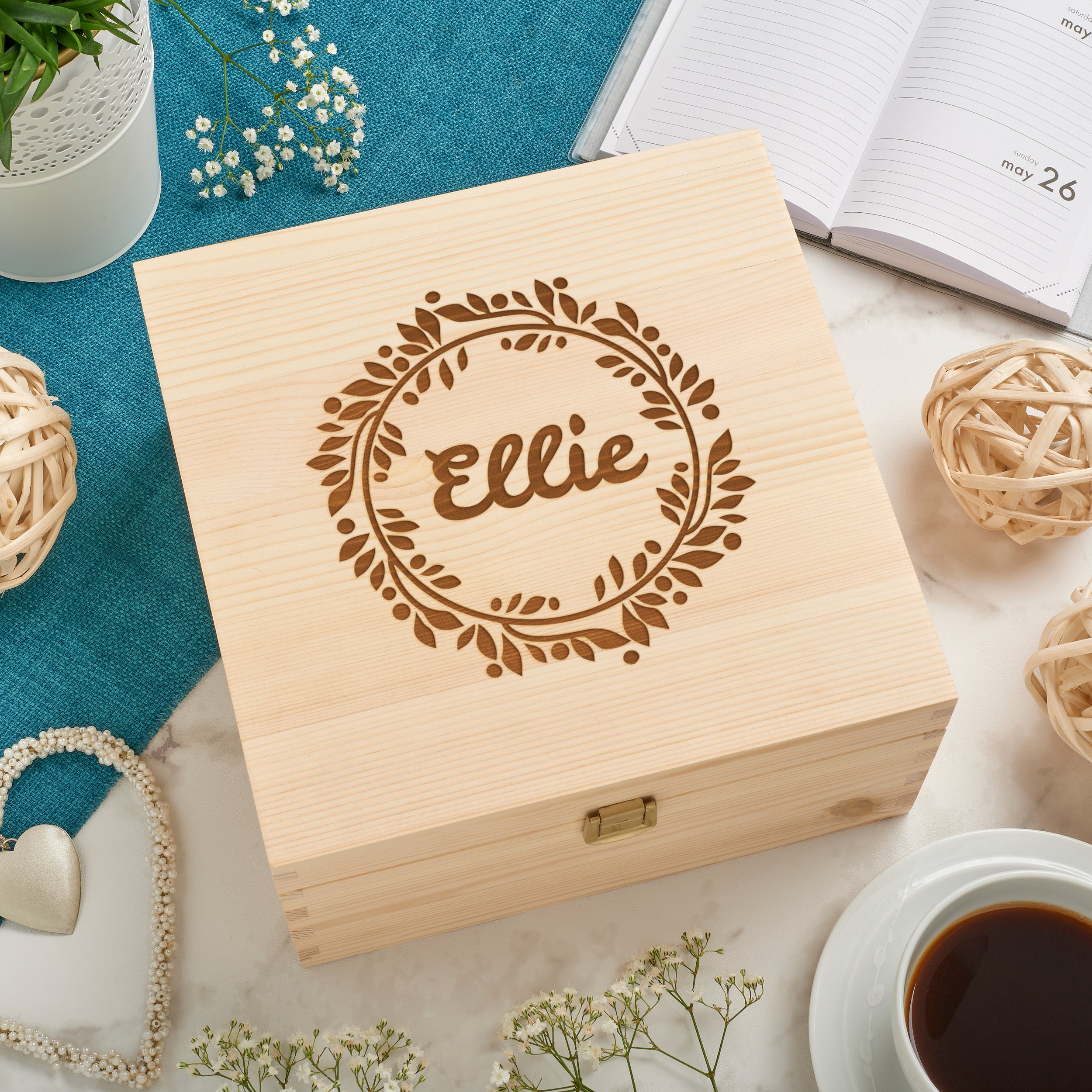 Personalised Wooden Keepsake Memory Box Floral Wreath Name Etsy UK