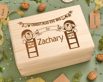 Personalised Engraved Solid Wooden Pine Christmas / Xmas Eve Box - Decorating Elves