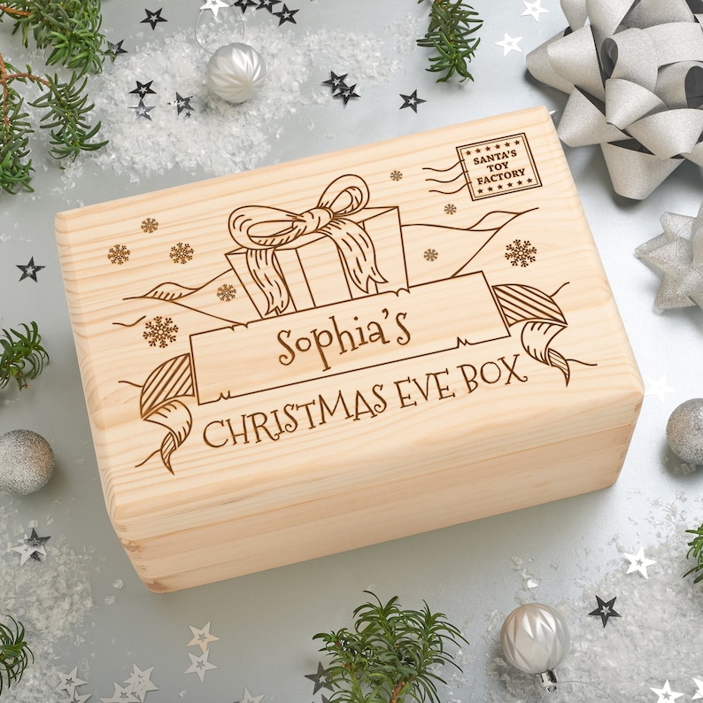 Caja personalizada de Nochebuena de Madera Sólida Grabada Big Present imagen 1