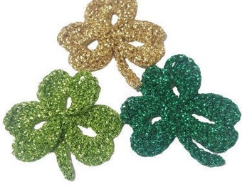 Crochet lucky shamrock for applique and decoration for St. Patrick&#39;s, wedding decor, holiday decor, lurex metalic yarn