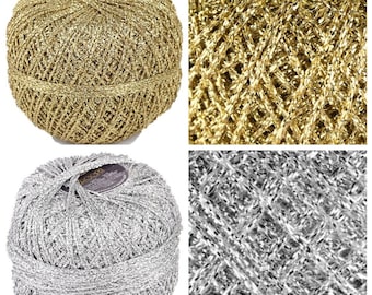 Brocade metalic thin shiny lame yarn, lurex yarn for decoration, sparkle crochet thread, silver yarn, gold yarn