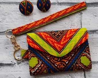 4 pocket Dashiki card holder, orange green blue & brown card wallet with wristlet strap, small perfect African patterned travel pass case
