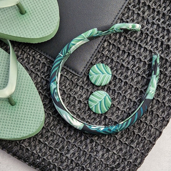 Tropical Resort Vibe Hairband & Button Earrings, Monstera And Palm Leaf Headband And Studs, Mint Green And Black Botanical Aliceband Set