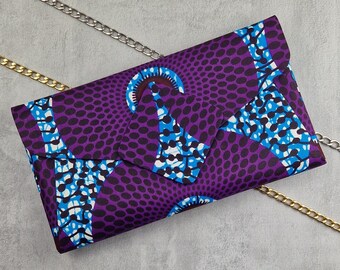 Royal Purple Blue Black & White Ankara Clutch Handbag With Detachable Strap, Mauve And Blue Crossbody Bag, African Structured Evening Bag