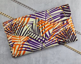 Champagne Purple Black Orange & Gold Leaf Print Handbag With Detachable Strap, Foilage Patterned Envelope Clutch, Plant Print Crossbody Bag