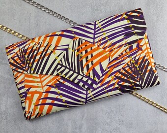 Champagne Purple Black Orange & Gold Leaf Handbag With Detachable Strap, Foilage Patterned Envelope Clutch, Tropical Plant Crossbody Bag
