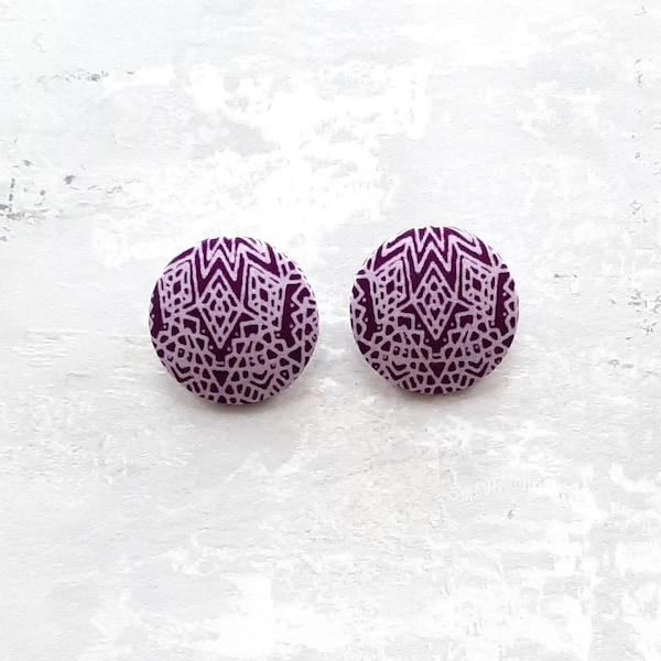 Large Button Studs, Sweet Mono Statement Earrings, Fine Geometric Print Earrings, Big Lilac Girly Fashion Accessory, Chunky Mauve Earrings