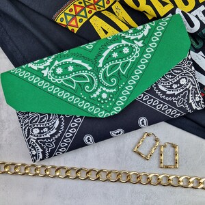 Czarno-biało-zielona torebka kopertówka Do-Rag, torebka chusteczka Western Cowgirl, modna torebka bandana Y2K, kieszonka typu crossbody z motywem mandali Paisley
