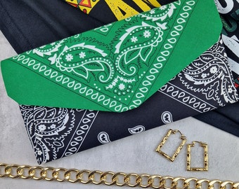 Black White & Green Do-Rag Clutch Bag, Western Cowgirl Handkerchief Purse, Y2K Bandana Fashion Purse, Mandala Paisley Crossbody Pocketbook