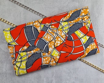 Orange Yellow Black & White Envelope Clutch With Detachable Strap, Structured Ankara Shoulder Handbag, Tangerine And Yellow Crossbody Bag