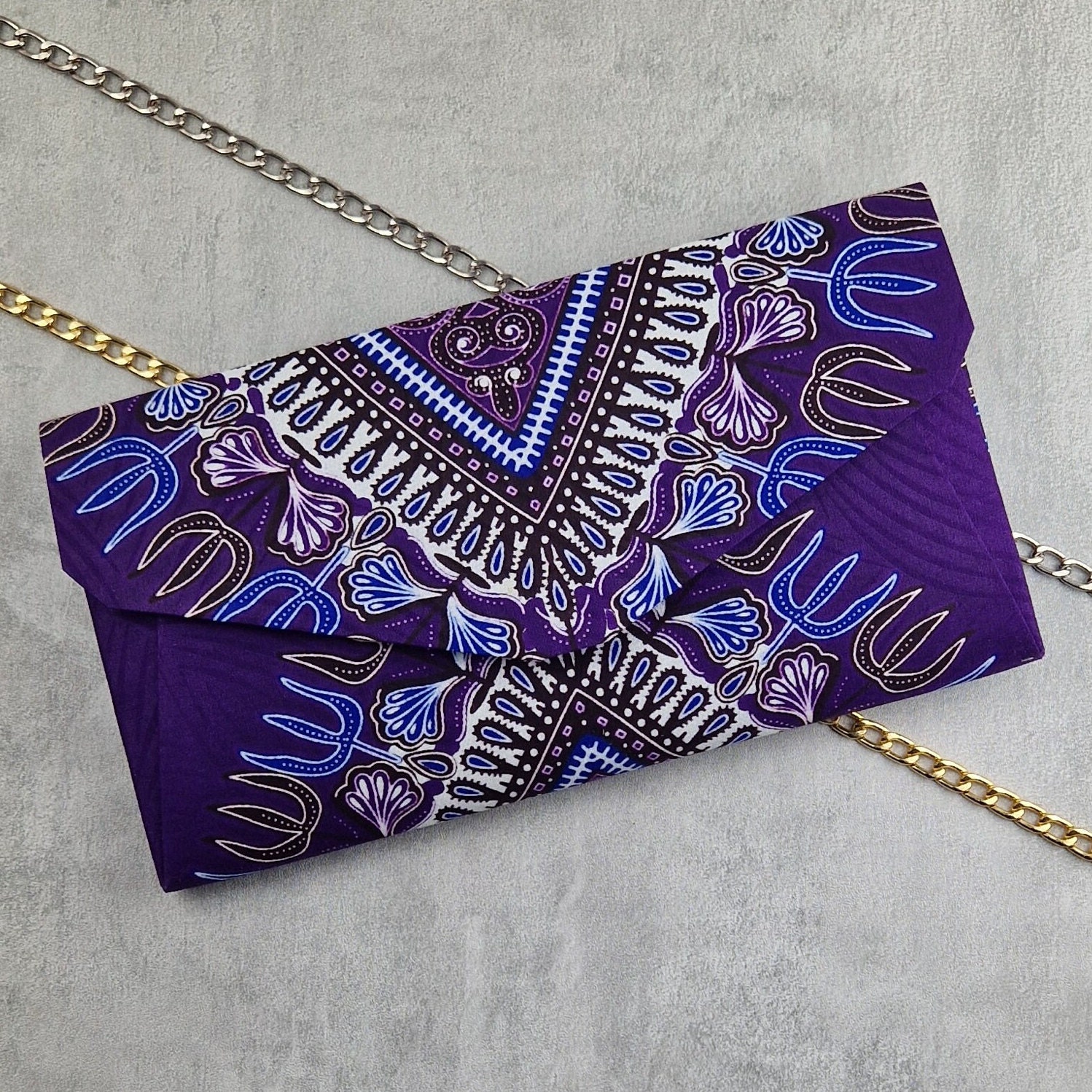 Violet Electric Blue White & Black/Brown Envelope Purse, Purple Angelina Handbag, Mauve Ankara Clutch, Amethyst And Jewel Blue Purse