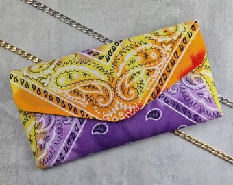 Mauve Peach White Yellow & Red Envelope Clutch, Bandana Wedding Handbag, Front Flap Handkerchief Shoulder Bag, Tie Dyed Paisley Party Purse
