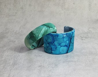 Water Mark Effect Cuff & Bangle Set, Ethereal Ocean Blue And Sea Green Inspired Bracelets, AquaMarine Fabric Wrapped Wristlet And Bangle