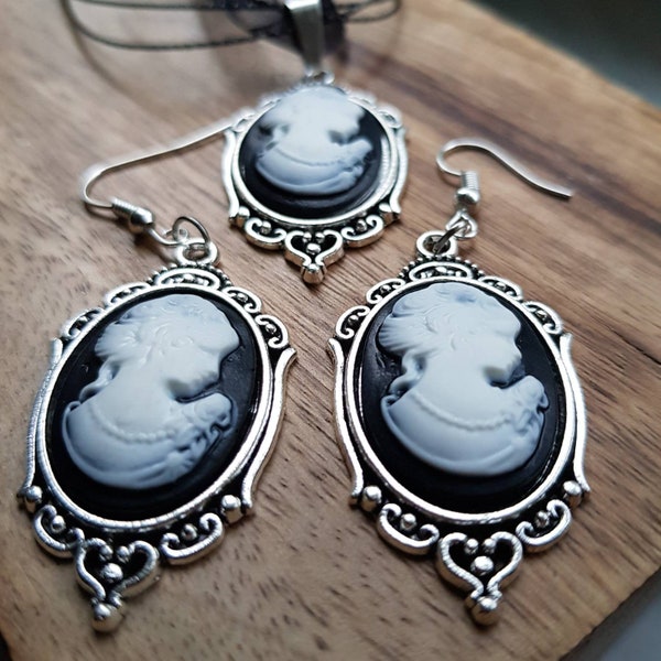 Gemme schwarz Ohrringe und Kette Kamee vintage Schmuckset Barock Kostüm Bridgerton Cameo