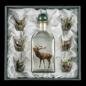 Puede incluir: Un juego de seis vasos de chupito de vidrio transparente con una botella verde. Cada vaso presenta una ilustración diferente de un animal del bosque. La botella tiene un tapón verde y una ilustración de un ciervo.