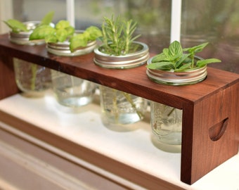 Walnut Herb Garden Planter with Mason Jars – Indoor Plant Stand – Handmade Wood Planter Gift for Plant Lovers & Kitchen Décor