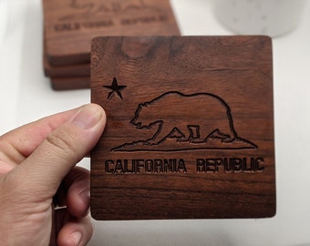 California Coasters - Set of 4 Engraved Walnut Wooden Coasters with California State Flag - Groomsmen Gift Box - Wedding Gift - Hand Made