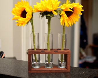 Dark wood flower holder with glass. Solid walnut planter with three vases. Beautiful home accessory. Drink server. Mother's Day gift