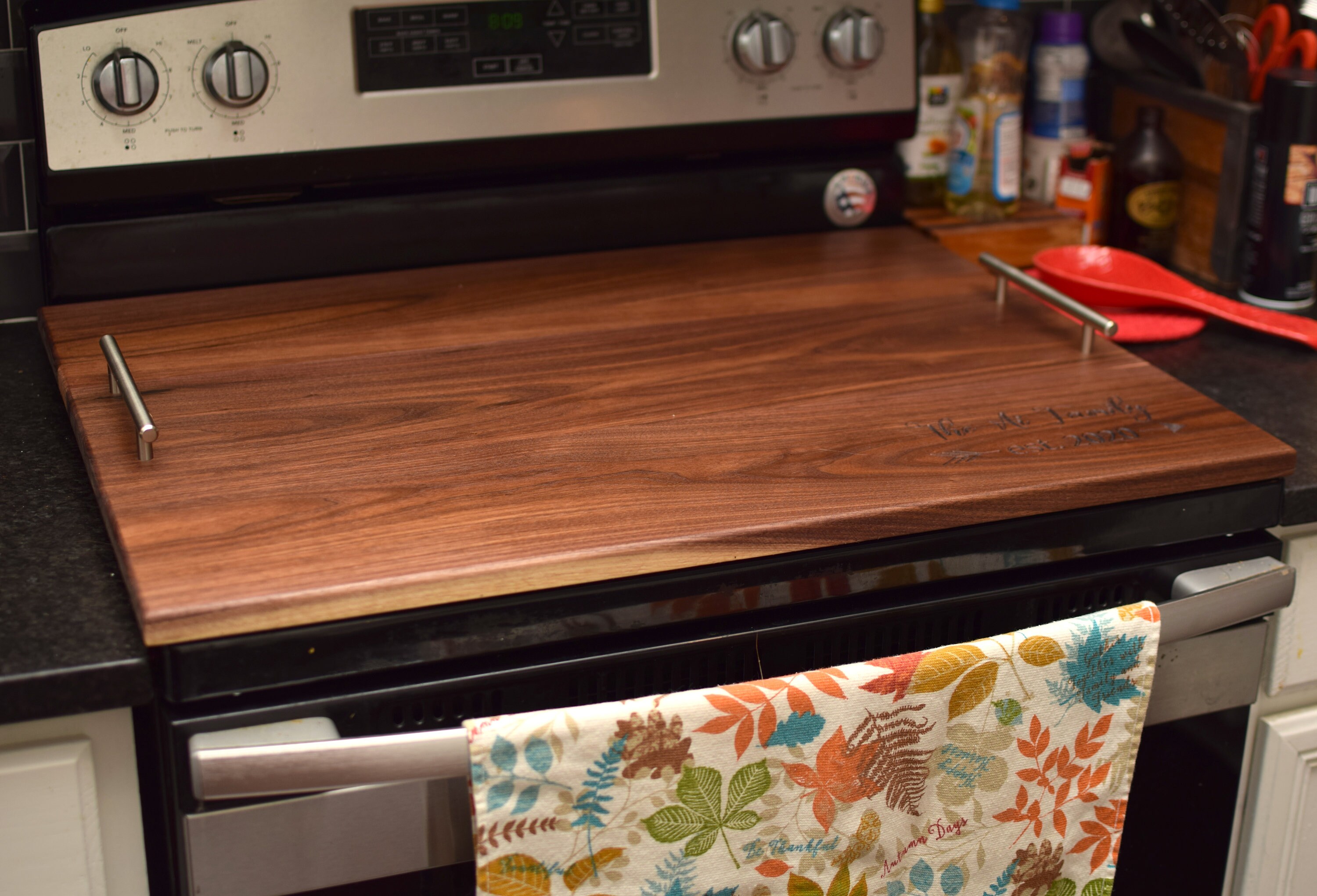 Handmade Large Cutting Board with Handles, Wood Stove Top Cover