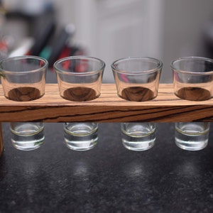 Zebra Wood Shot Glass Caddy. Perfect for St Patricks Day. Beautiful Exotic Zebra Wood with Four Shot Glasses. Bar Gift. Groomsmen Present.