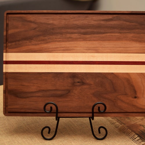 Dark Walnut cutting board with juice groove and decorative Maple stripes. Solid hard wood chopping block. shops Perfect foodie gift.