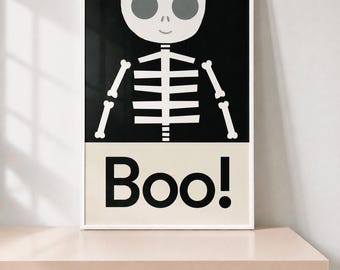 Skeleton Halloween Print, Boo Poster, Spooky Kids Decor, Nursery Artwork