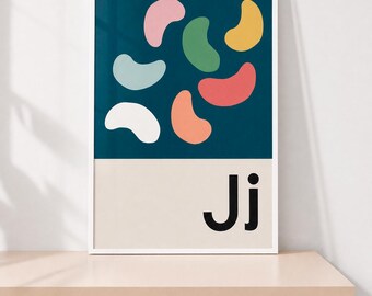Pôster com Alfabeto de Jujubas, Letra J para Decoração de Quarto Infantil