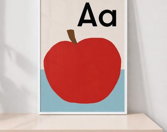 Impresión del alfabeto de manzana, arte de pared para guardería con la letra A, póster decorativo para habitación infantil