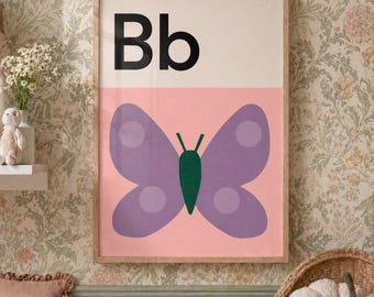 Butterfly Alphabet Print, Letter B Nursery Wall Art, Kids Room Decor Poster