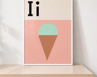 Alfabeto com estampa de sorvete, letra I, arte de parede para quarto infantil, pôster decorativo para quarto de criança