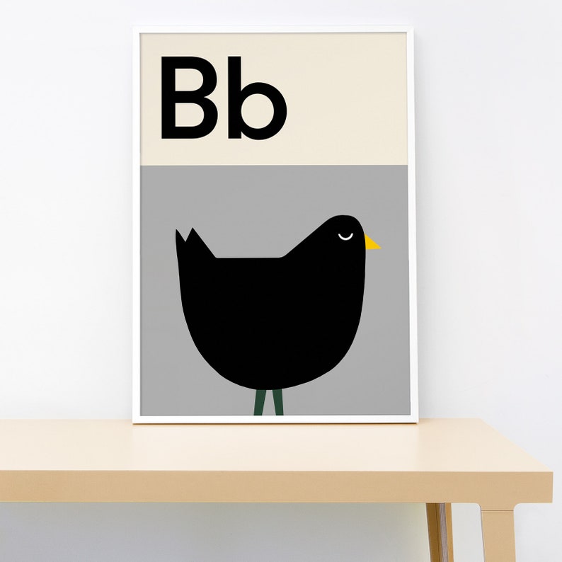 Bird Alphabet Print Grey