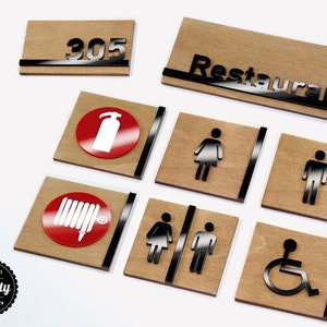 Set wooden sign with acrylic letters for Hotel signage, WC sign, Hotel room number sign, Fire extinguisher and hose sign, Hotel door sign.
