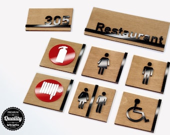 Modern Wooden Hotel Signage: Acrylic Room Number, WC, Fire Safety