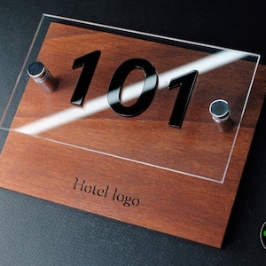 Wooden sign with acrylic numbers for Hotel signage, room number sign, Suite or Apartment door sign.