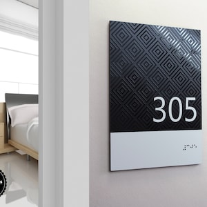 Rhombus design sign with UV printed Braille writing for Hotel signage / Room number sign / Wayfinding sign.