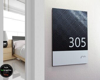 Rhombus Hotel Room Number Sign: UV Printed Braille ADA Wayfinding
