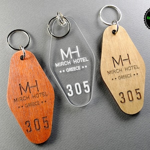 Personalized key tag for Hotels, Keychain with your logo and room number.
