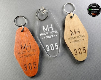 Personalized key tag for Hotels, Keychain with your logo and room number.