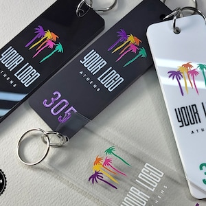 Personalized Acrylic key tag for Hotels, Keychain with your logo and room number.