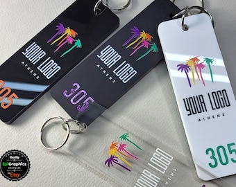 Personalized Acrylic key tag for Hotels, Keychain with your logo and room number.