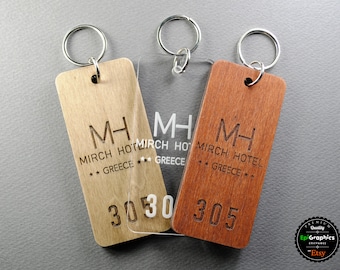 Personalized key tag for Hotels, Keychain with your logo and room number.