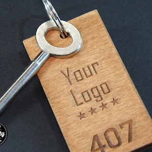 Personalized hotel key tag made of wood, Keychain with your logo and room number.
