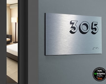 Brushed Aluminum Braille Sign: Hotel Room Number, Wayfinding