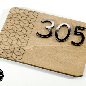 Wooden sign with acrylic numbers for Hotel signage / Room number sign / Apartment door number.