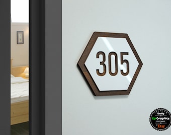 Hexagon Wood & Acrylic Room Number Sign: Hotel Apartment Door Decor