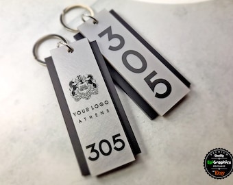 Personalized Modern keychain for Hotels, Key Tag with your logo and room number.