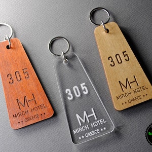 Personalized key tag for Hotels, Keychain with your logo and room number.