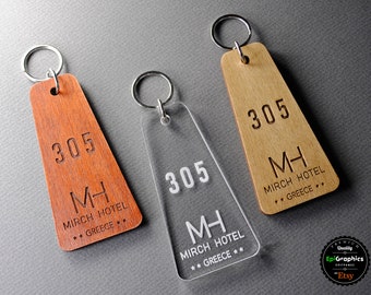 Personalized key tag for Hotels, Keychain with your logo and room number.